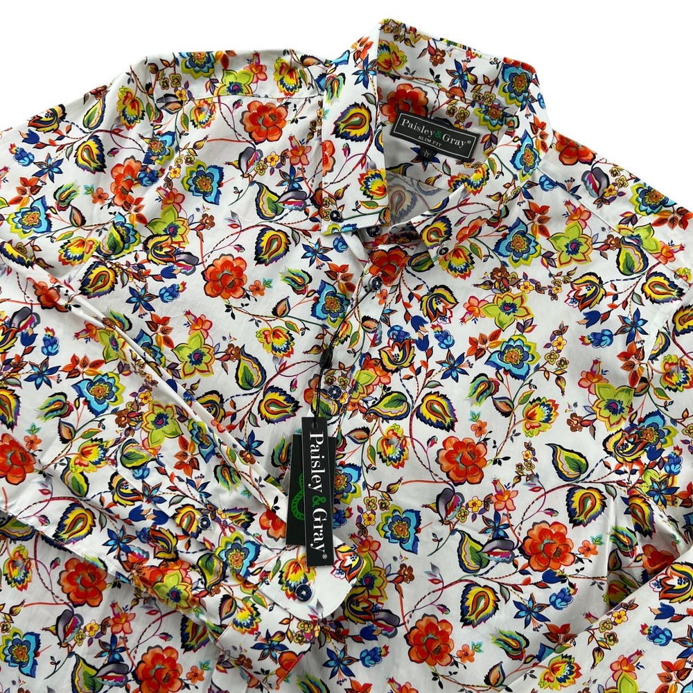 NEW Paisley & Gray Mens Slim Fit Floral‎ Paisley Button Up Shirt Men Large Party